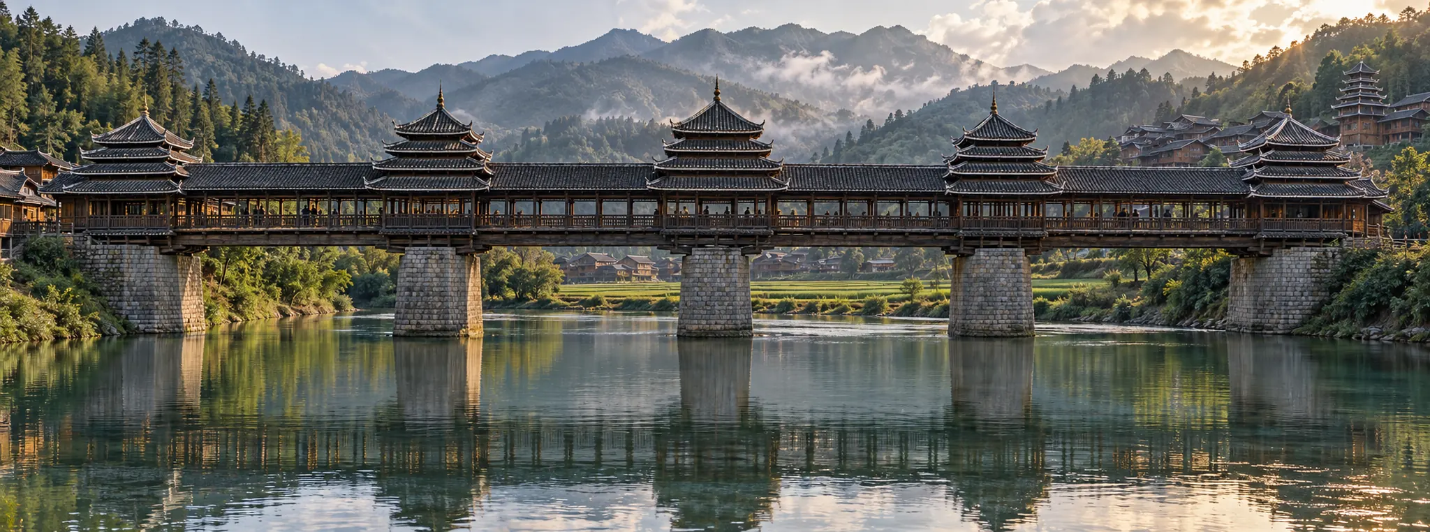 A long covered timber bridge with five pagoda-roofed pavilions on stone piers over a calm river