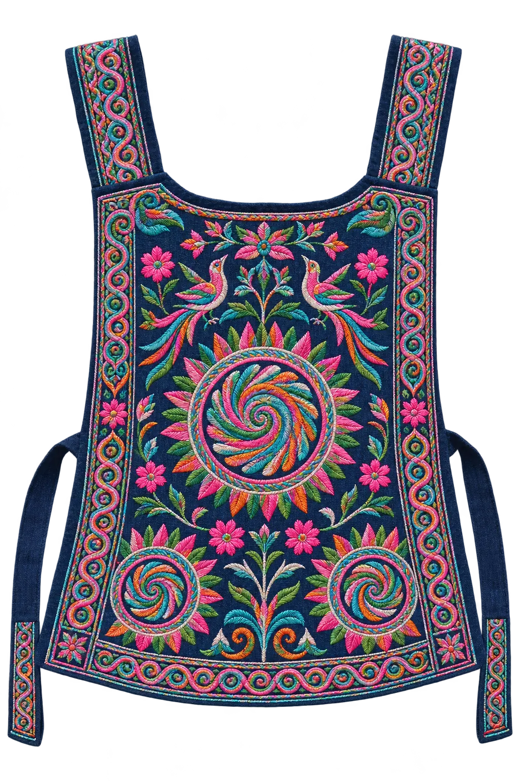 An embroidered baby-carrier panel with sun and spiral motifs on indigo