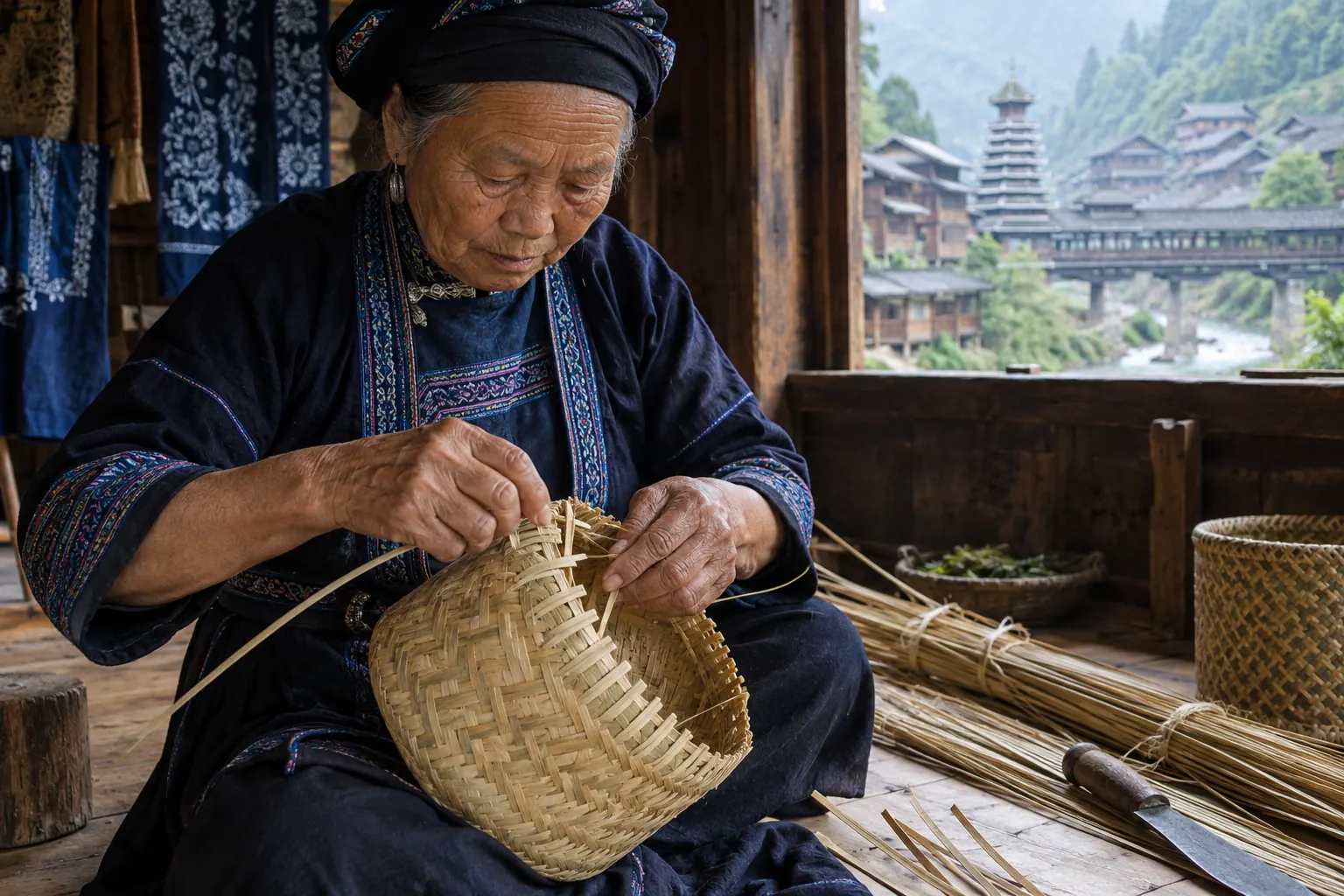 Weathered hands weaving split bamboo into a round basket