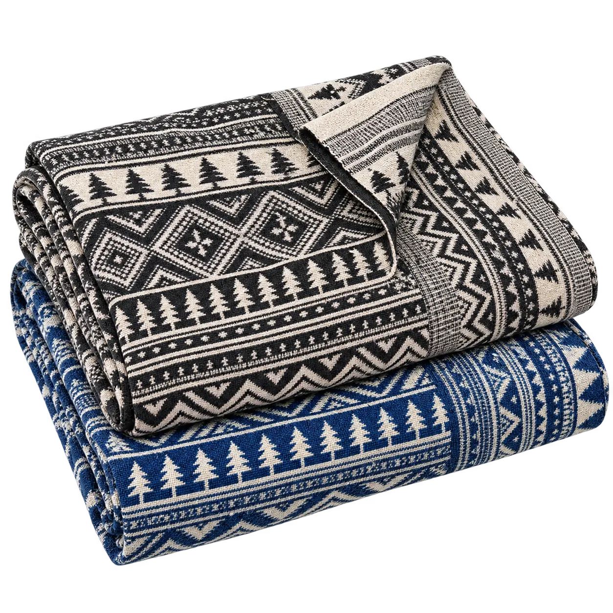 Folded hand-loomed Kam brocade in black-and-white and indigo-and-white geometric patterns