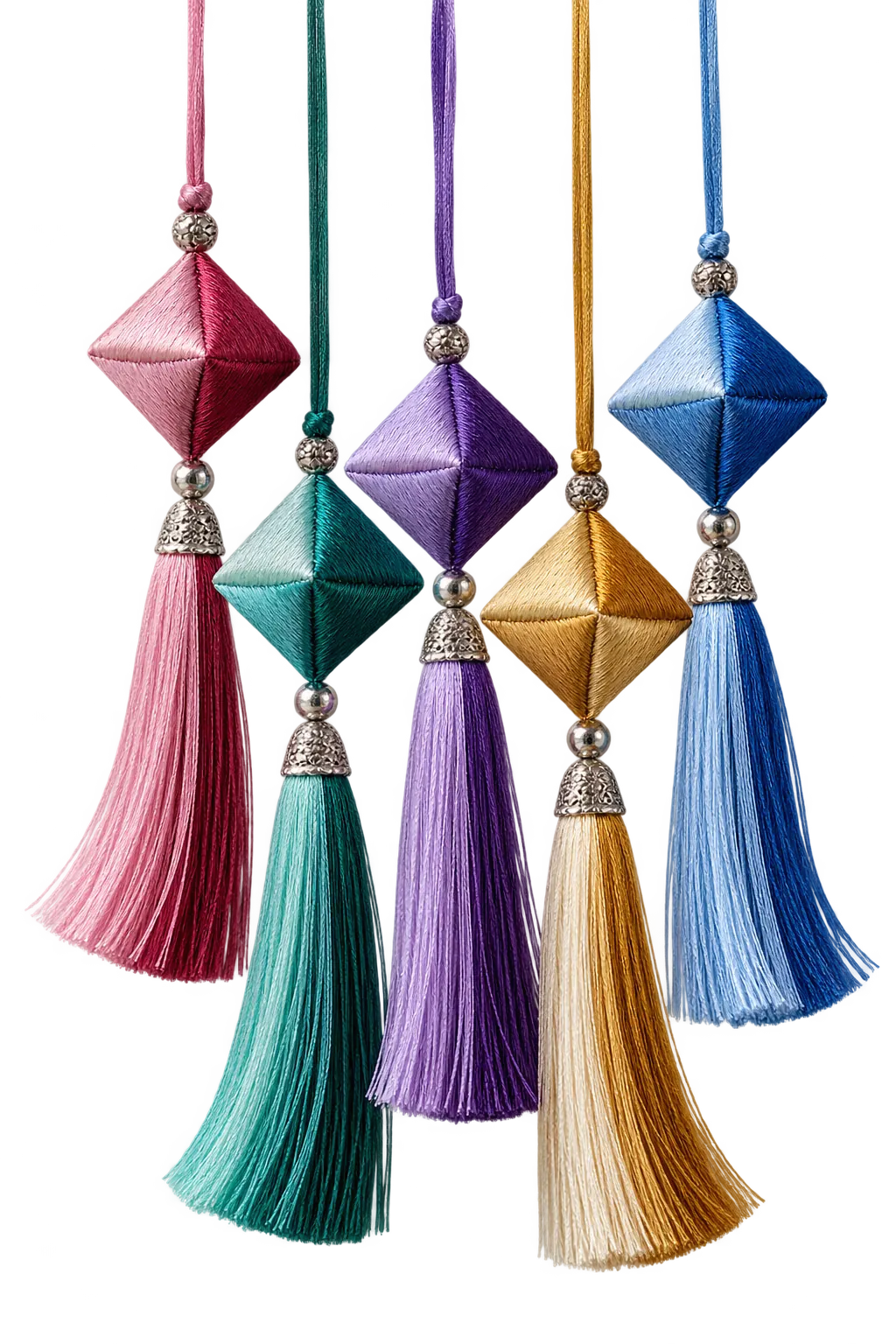 Five silk-wrapped lucky-flower charms with long tassels