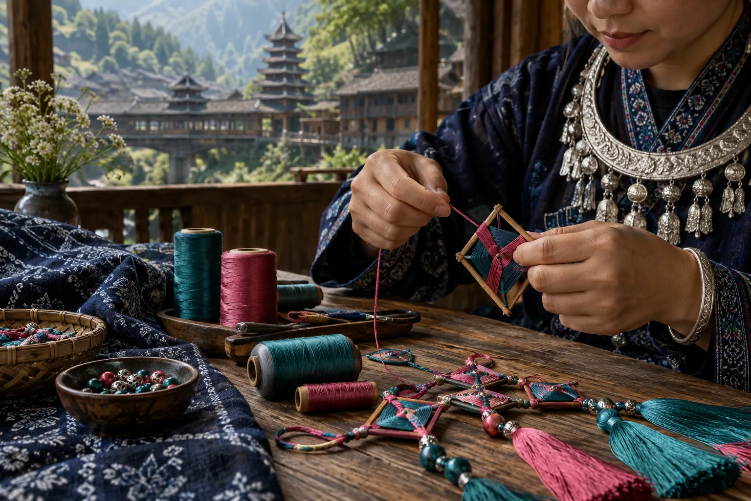 Hands winding rose and teal silk thread around a small rhombus frame