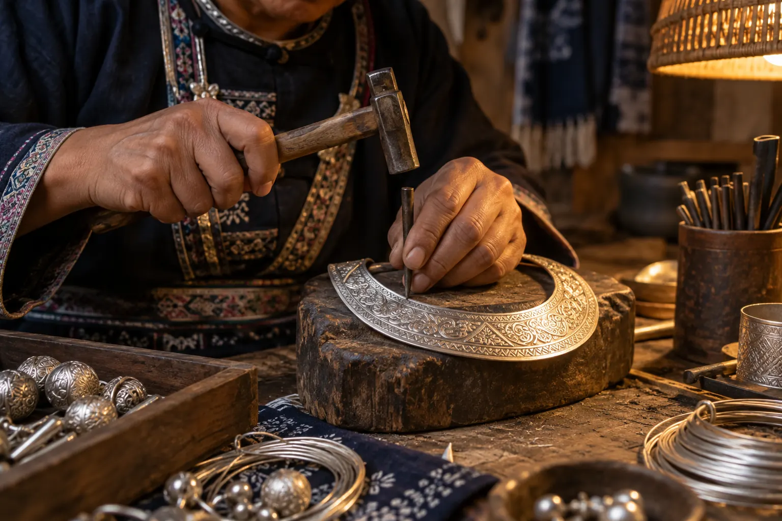 A silversmith's hands chasing a pattern into a silver collar plate