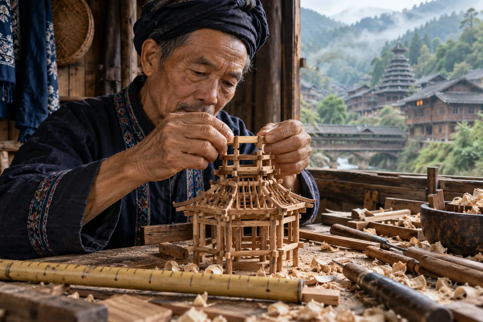A carpenter's hands fitting a tiny beam into a half-built miniature drum tower