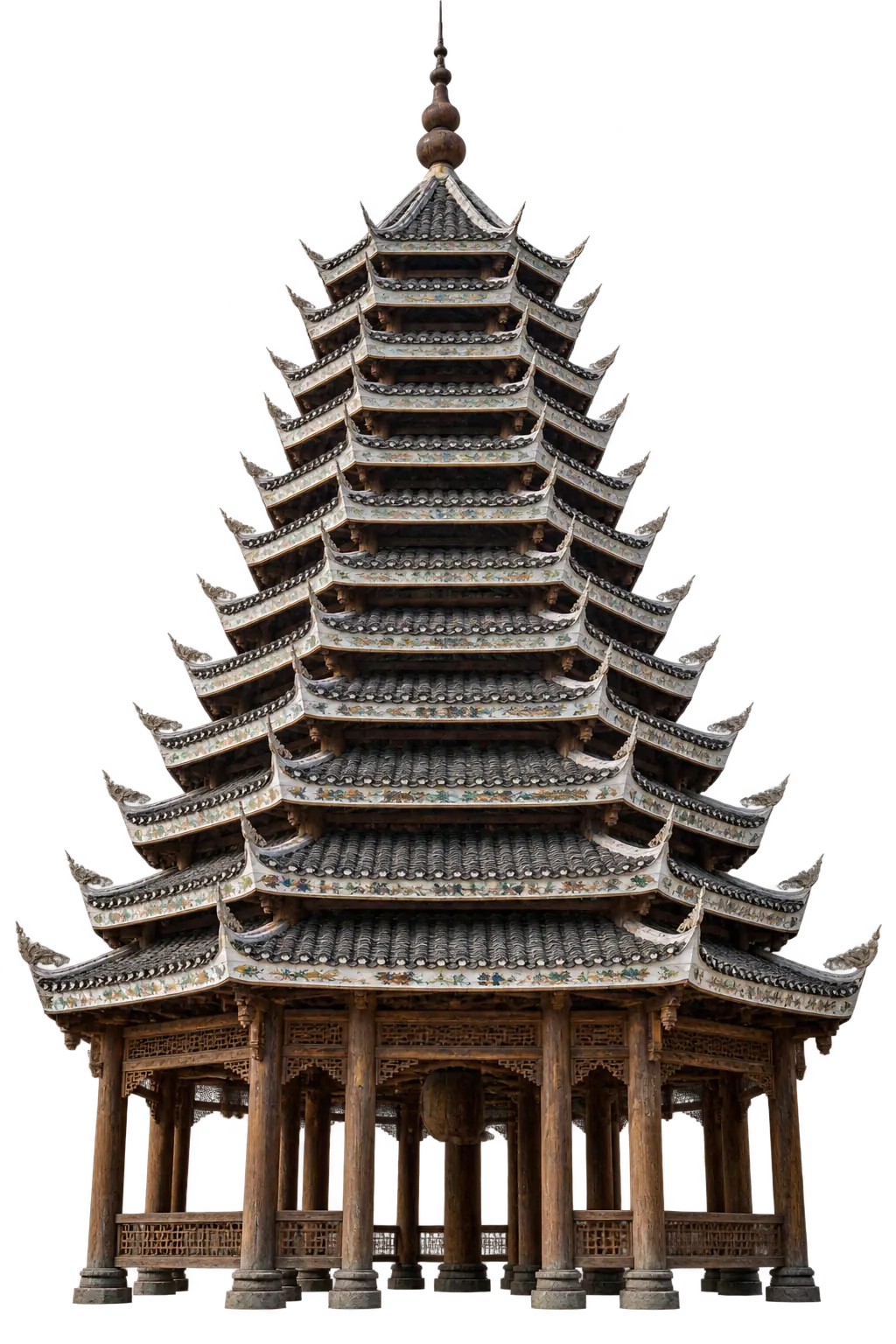 A Kam drum tower with many stacked eaves narrowing to a spire