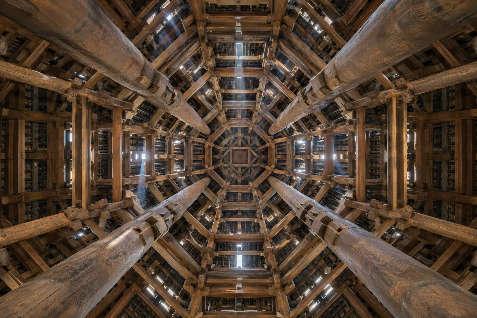 Looking up inside a drum tower at a dense lattice of interlocking fir beams