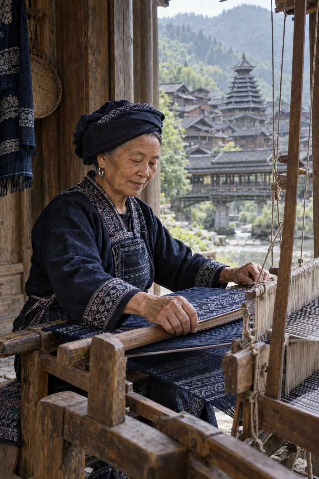 An elderly Kam woman in an indigo jacket and headscarf weaving at a wooden loom
