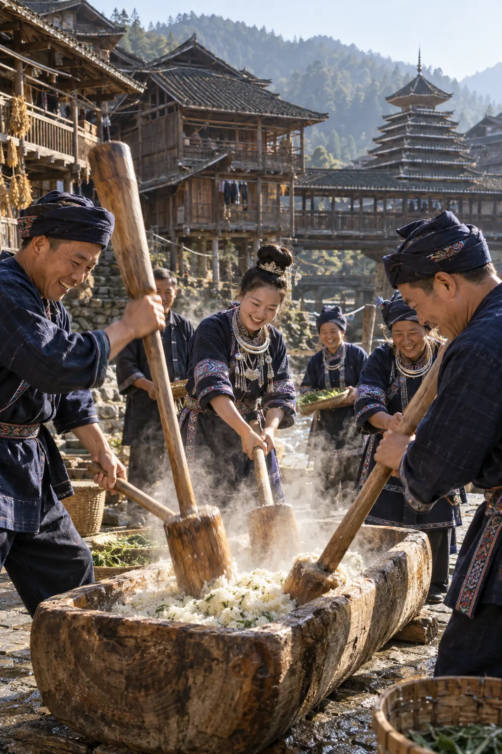 Villagers pounding steamed sticky rice with long wooden mallets to make rice cakes