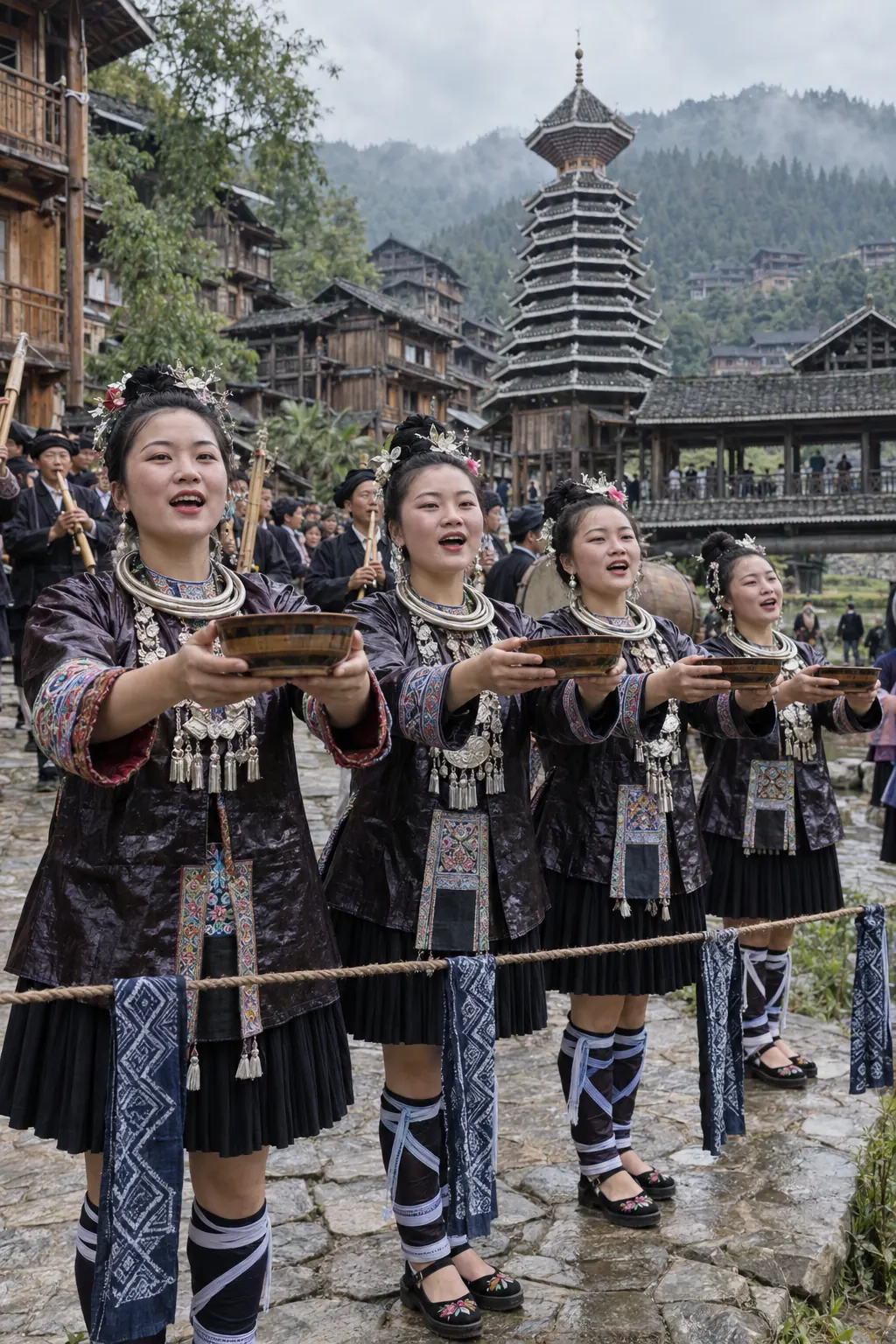 Young women in festival dress singing behind a rope across the village path, holding bowls of rice wine