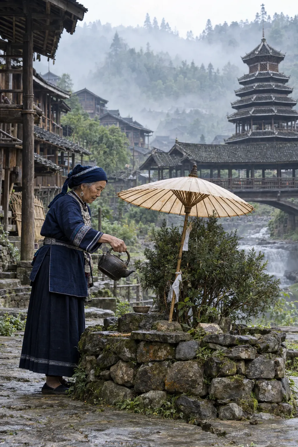 A round stone altar with an evergreen shrub and a half-open umbrella, an elderly woman pouring tea