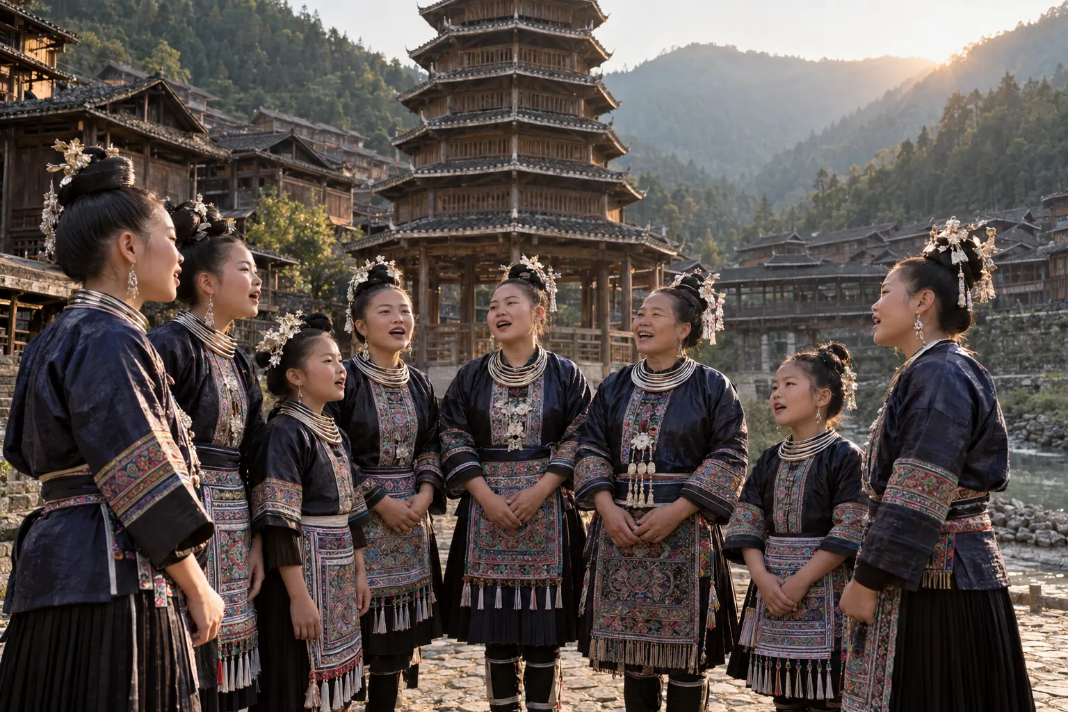 Kam women in indigo festival dress and silver neck rings singing together in front of a drum tower