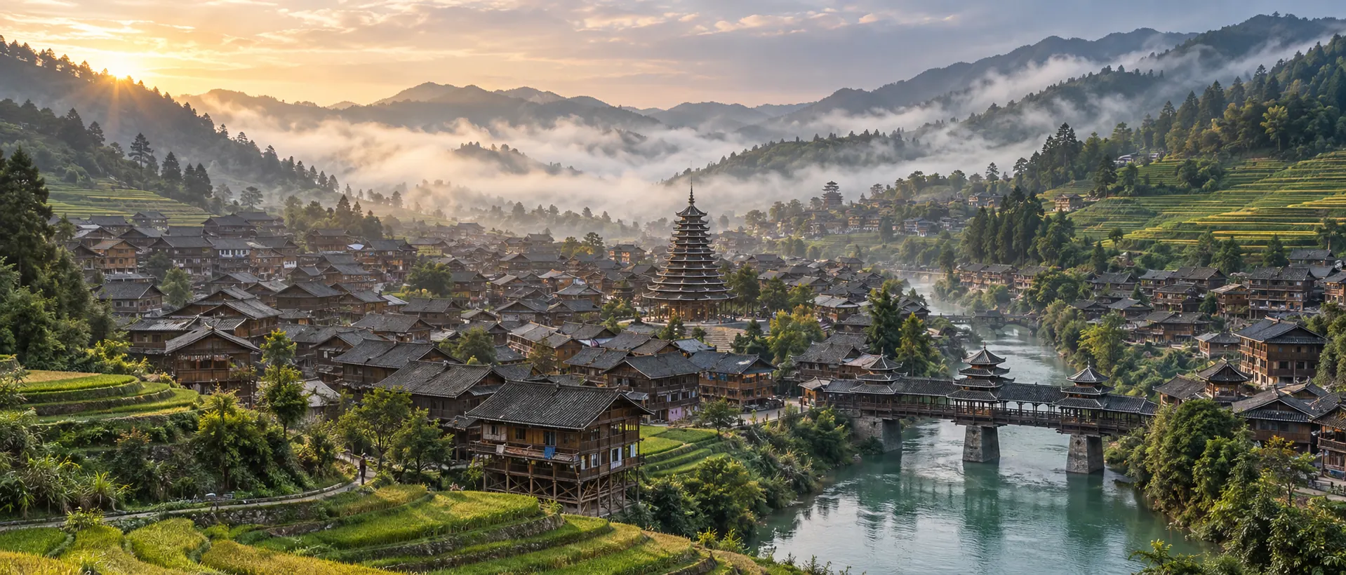 A Kam village of dark timber houses around a tall drum tower, rice terraces and morning mist