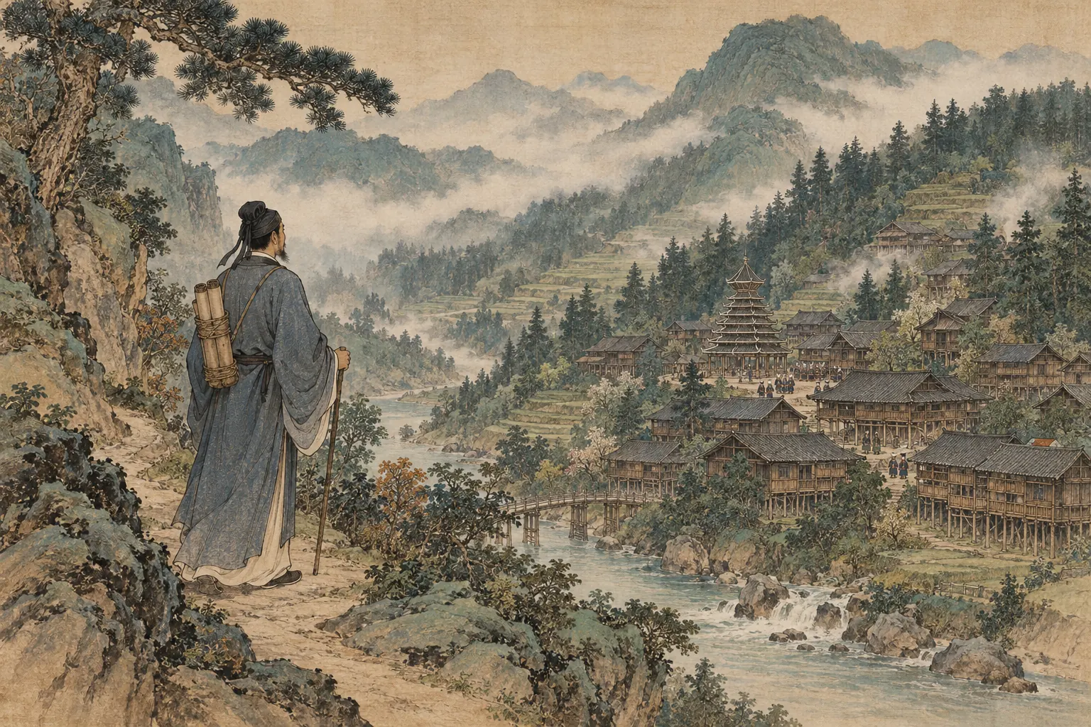 Ink painting of a Song-dynasty traveller looking across a valley at a mountain village