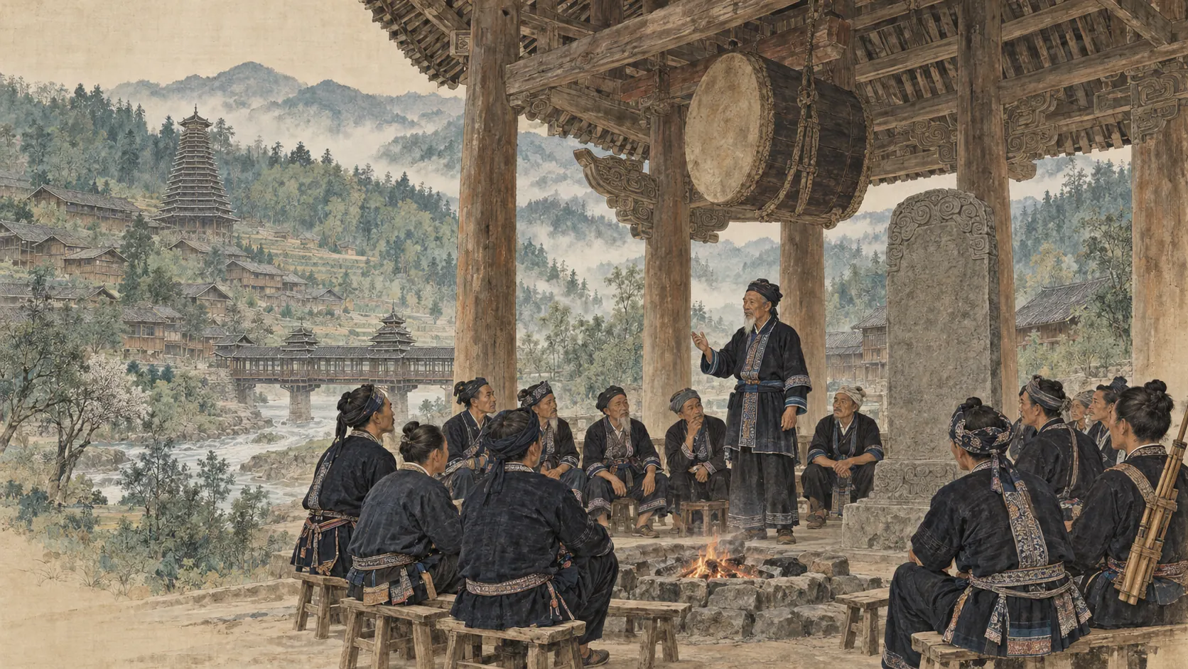 Ink painting of villagers gathered around a drum-tower fire while an elder recites beside a standing stone