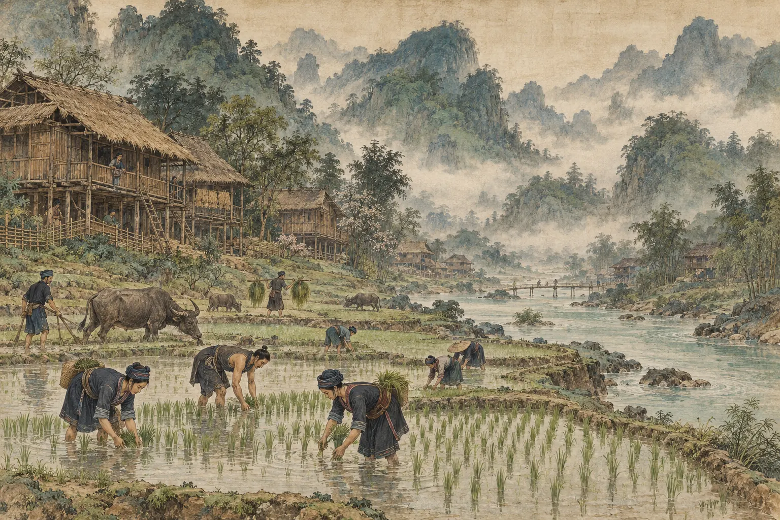 Ink painting of ancient rice farmers in a misty river valley