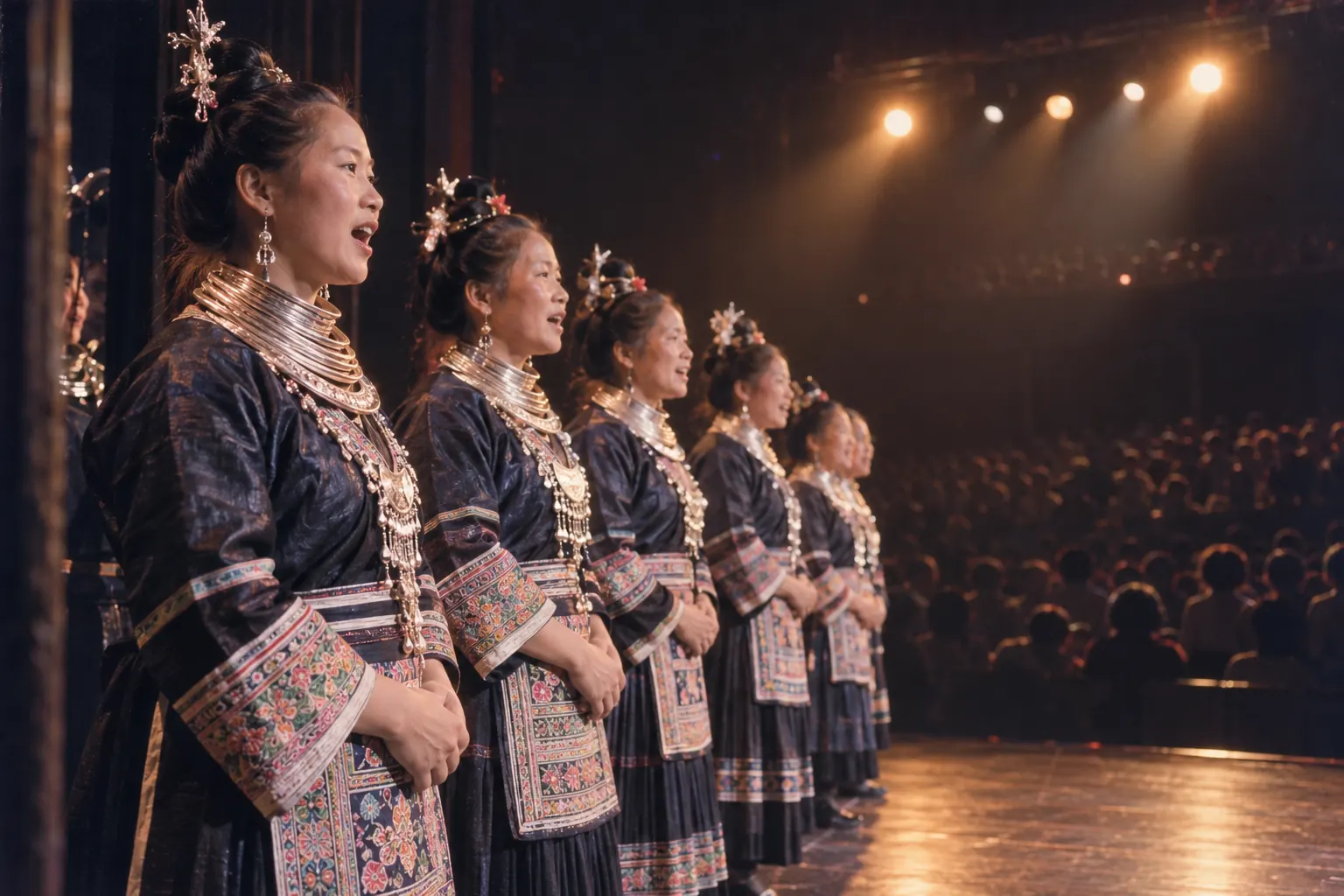 A choir of Kam women singing on a theatre stage under warm spotlights