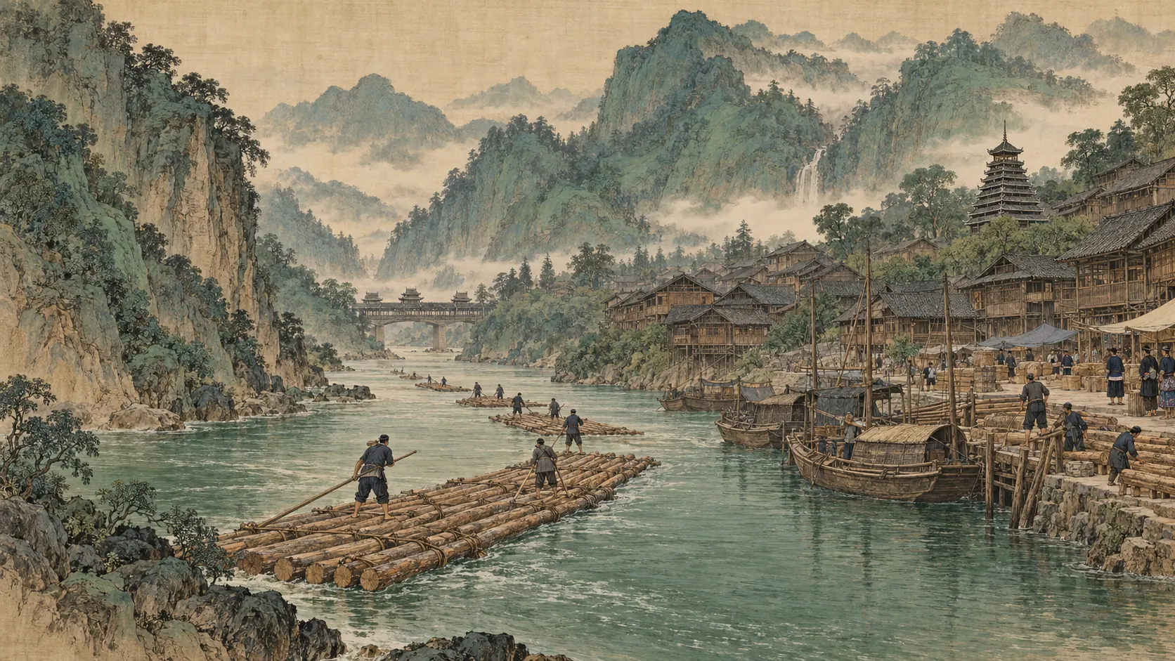 Ink painting of fir-log rafts floating down a river gorge to a market town