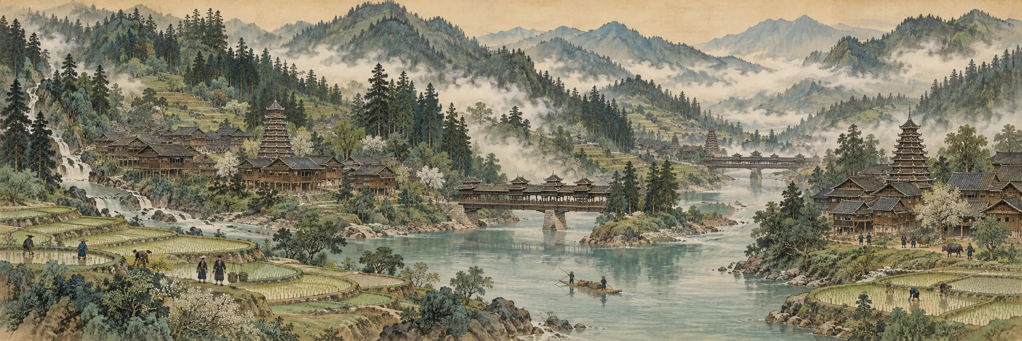 Ink-and-colour painting of a river valley with Kam villages, drum towers, covered bridges and rice terraces
