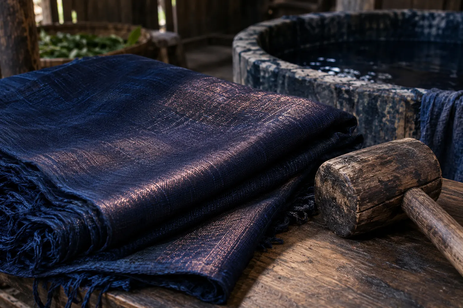 Folded indigo cloth with a metallic bronze-violet sheen beside a wooden mallet