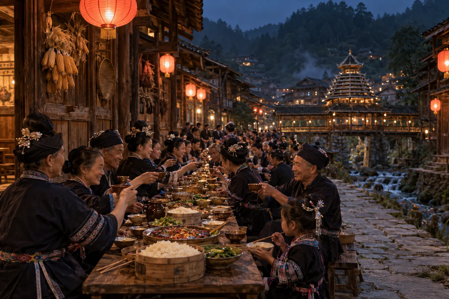 A long-table banquet under red lanterns between wooden houses at night