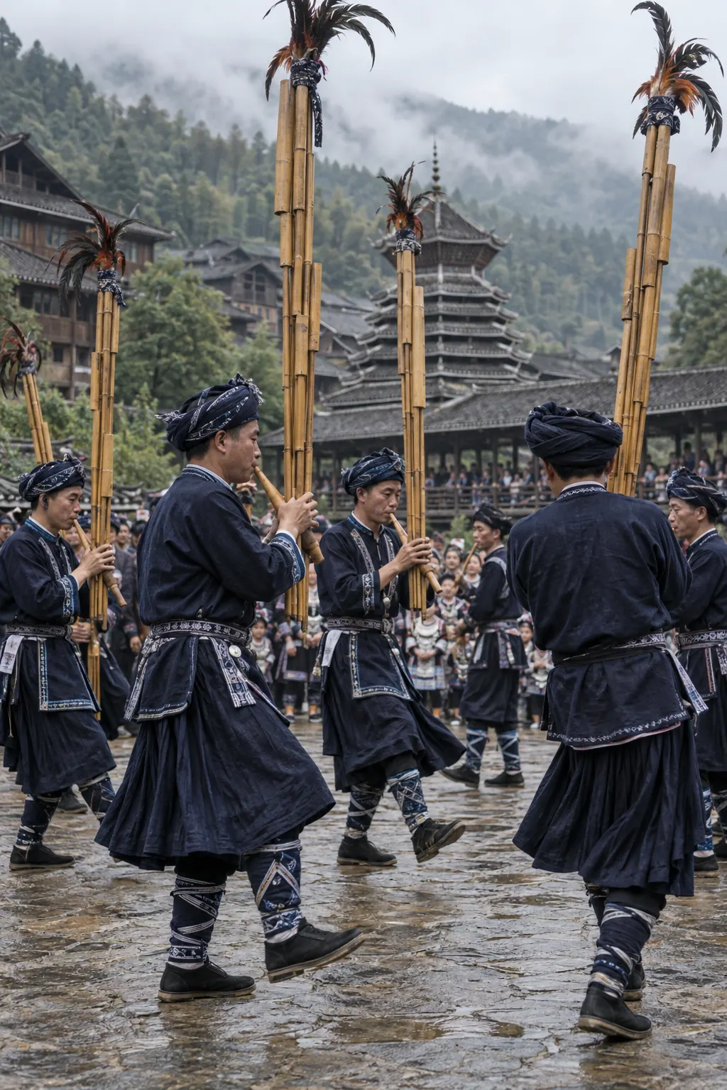 Kam men playing tall bamboo lusheng pipes while stepping in a circle