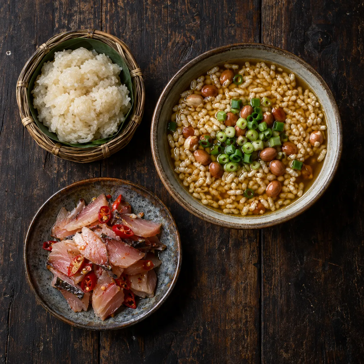 A bowl of oil tea with puffed rice and peanuts, a basket of sticky rice and slices of sour fish