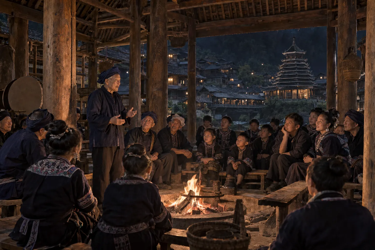 An elder speaking beside the fire pit of a drum tower while villagers listen