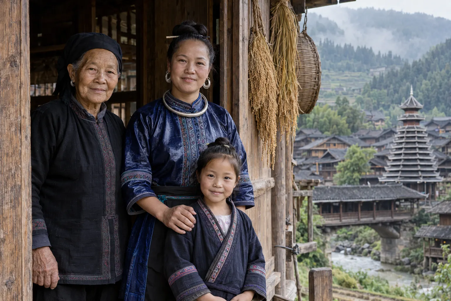 Three generations of Kam women standing together in the doorway of a timber house