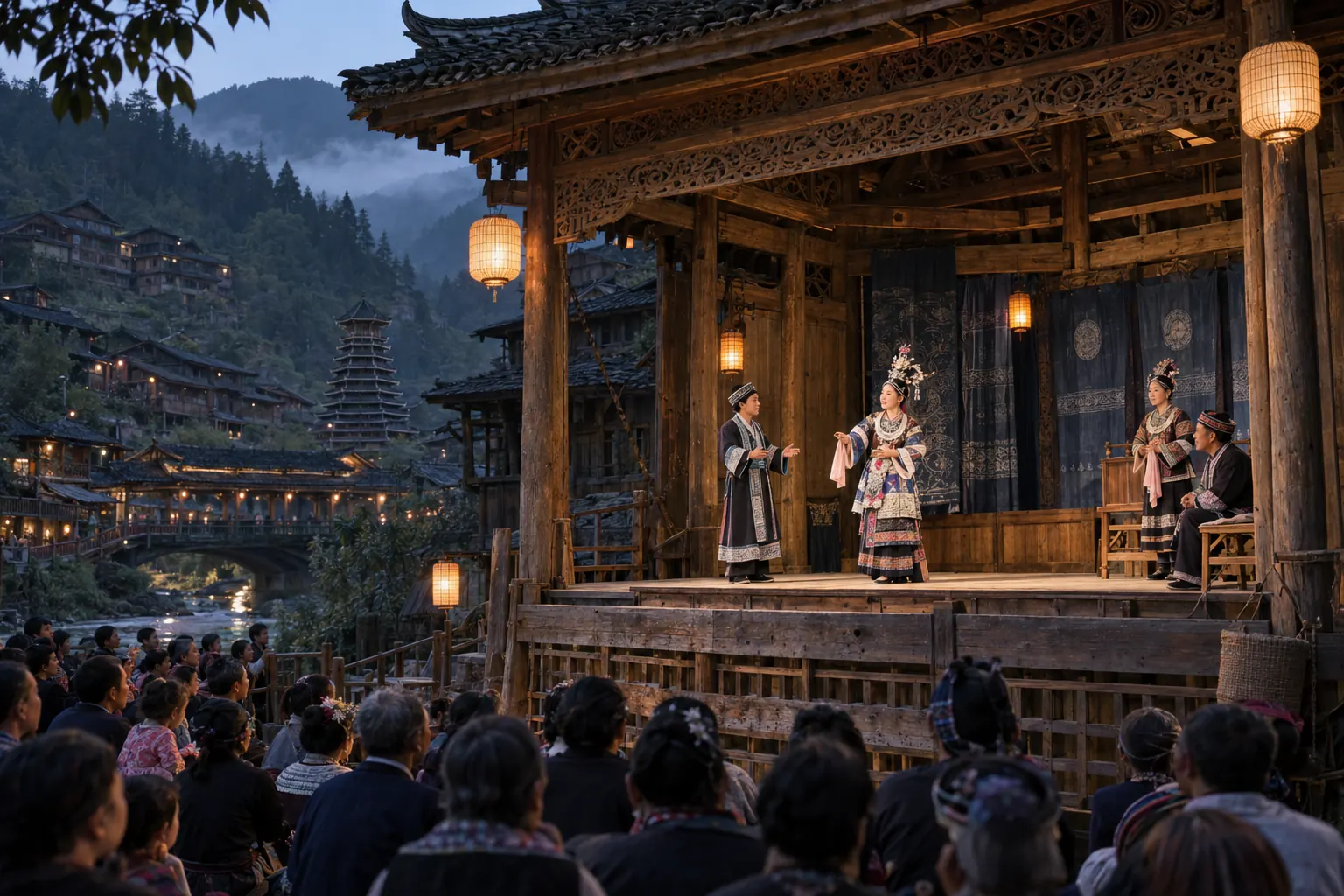 Performers in traditional costume on a carved wooden village opera stage, villagers watching