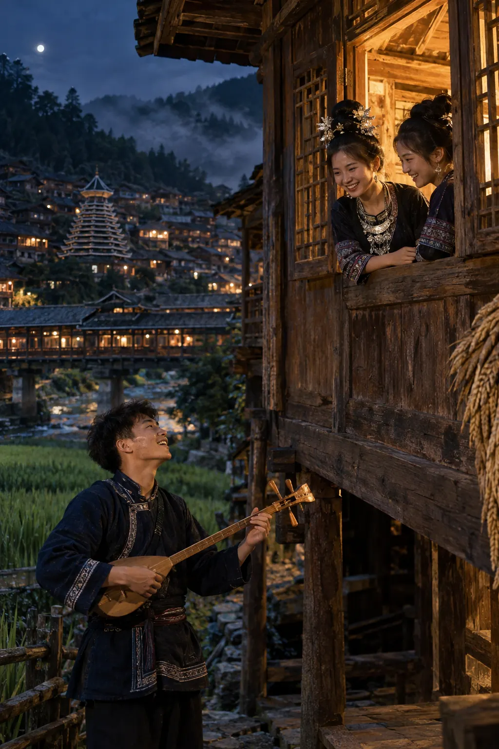 A young man playing a small pipa and singing beneath a lit window where two young women lean out