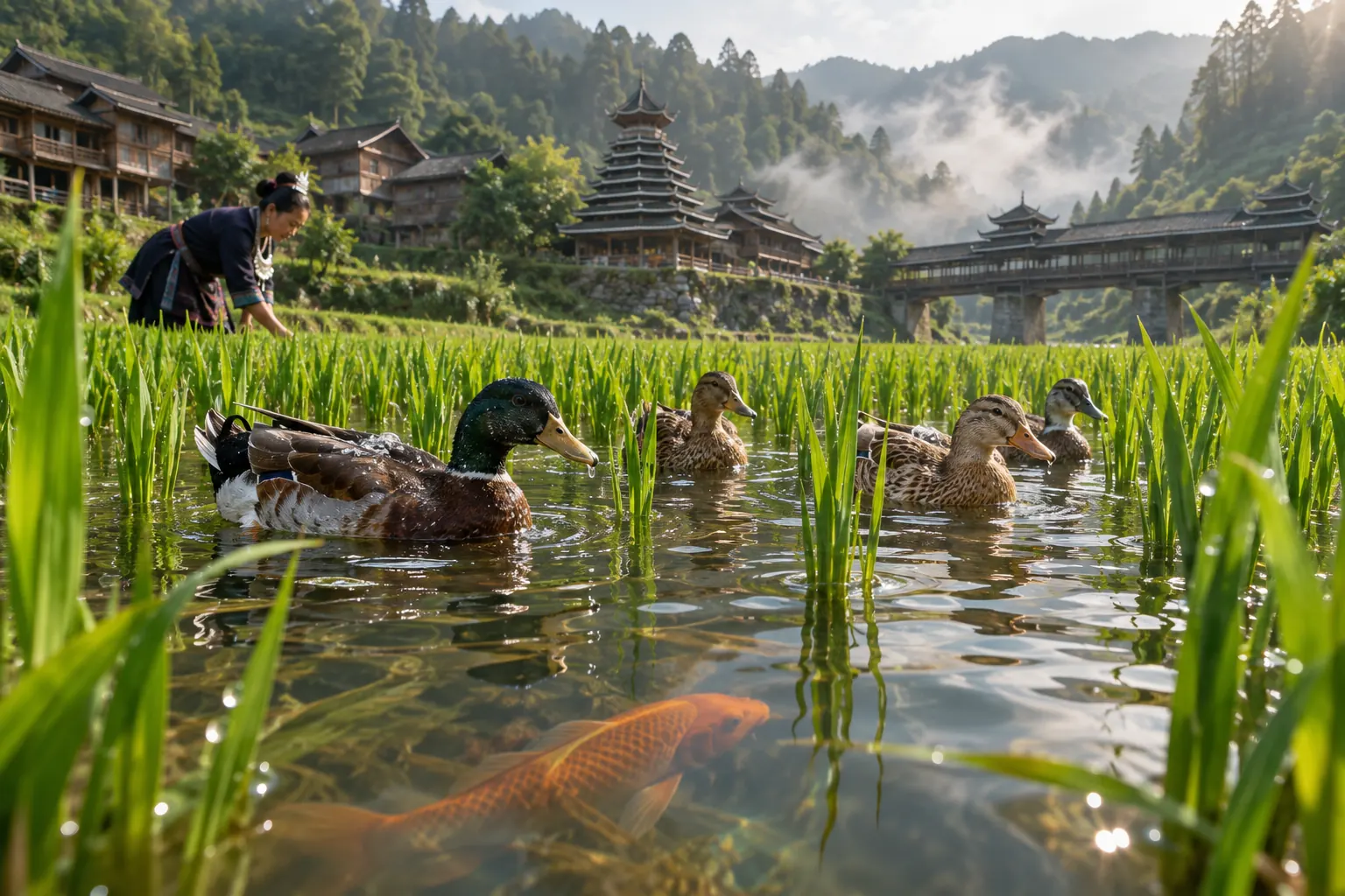 Ducks paddling between rice stalks while a carp swims just below the surface
