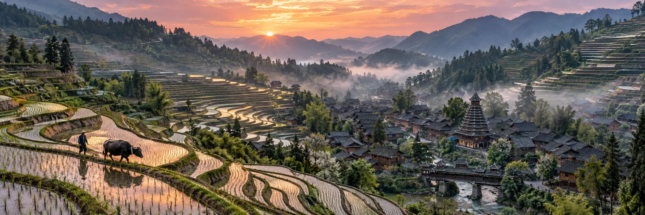 Flooded rice terraces curving down a mountainside to a Kam village at sunrise