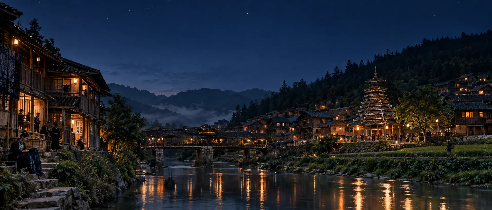 A Kam village at night with glowing windows and a lantern-lit drum tower reflected in the river