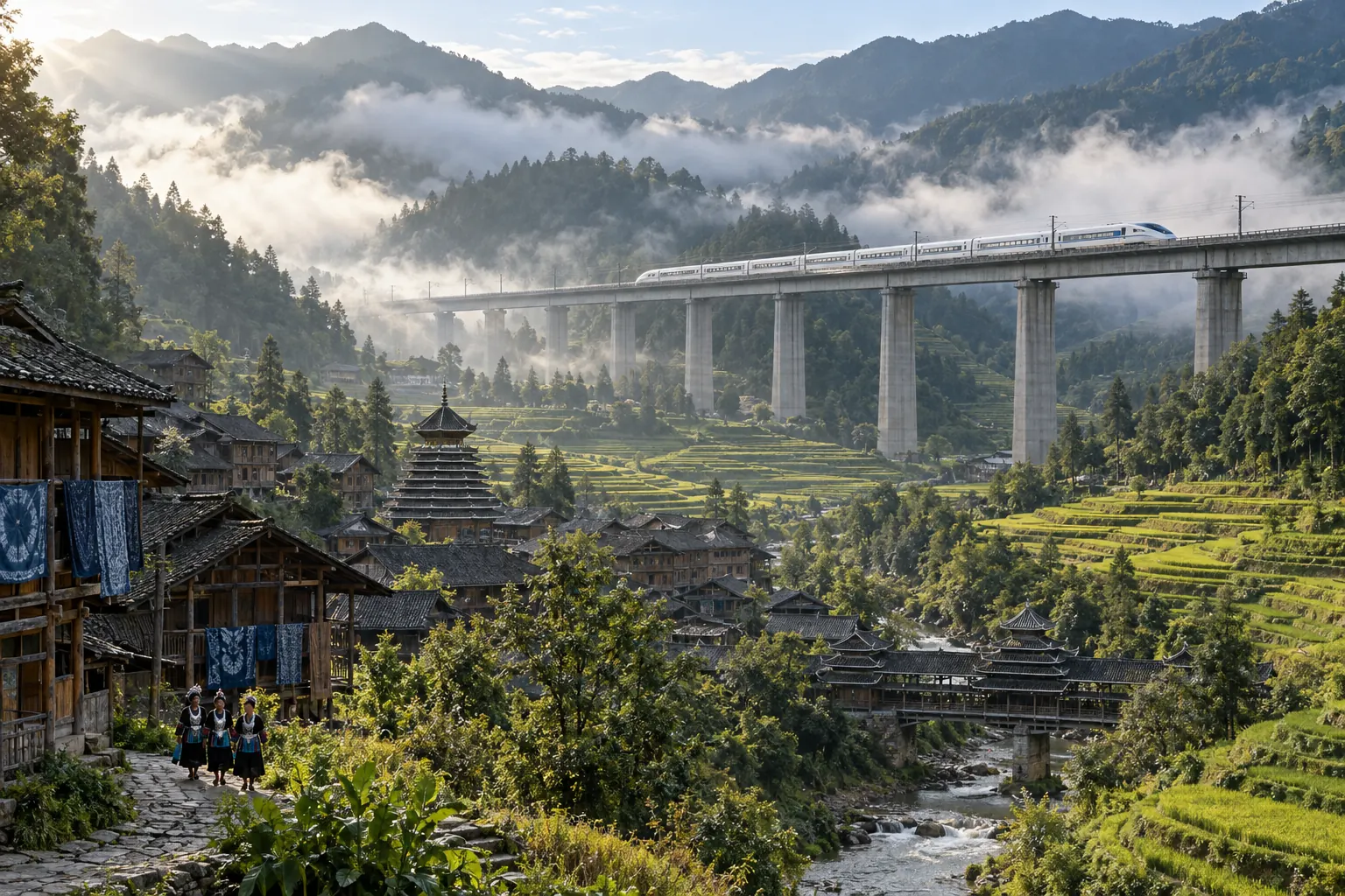 A high-speed train crossing a viaduct above a Kam village and rice terraces